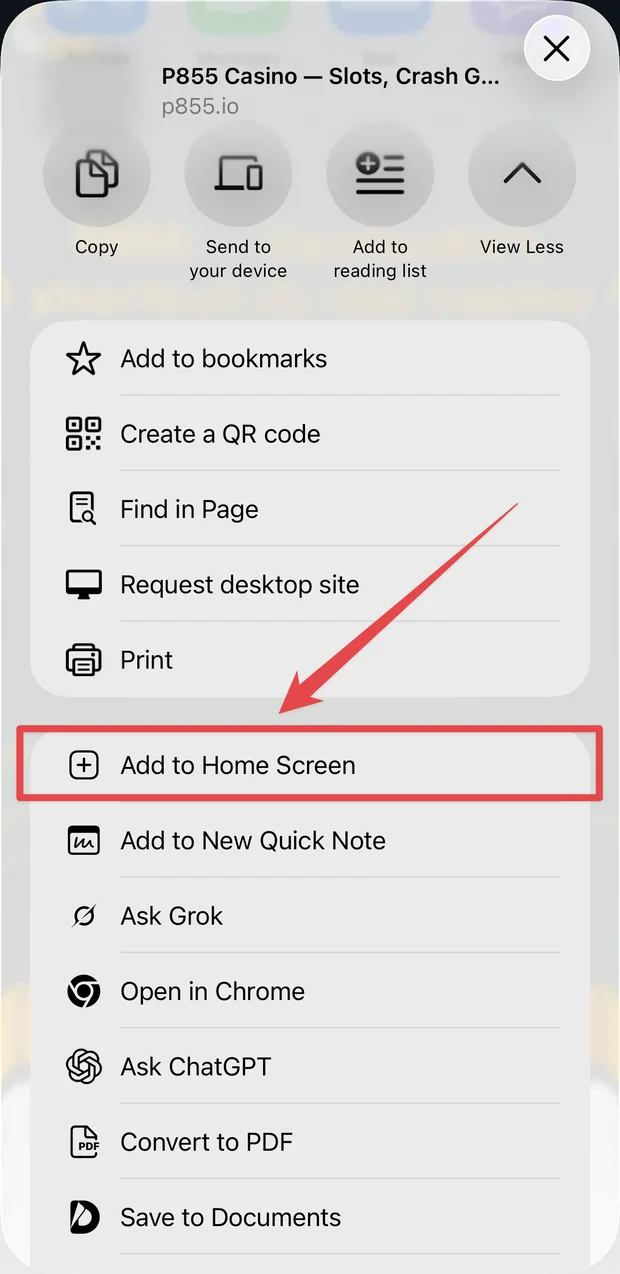 Browser share menu with the Add to Home Screen option highlighted
