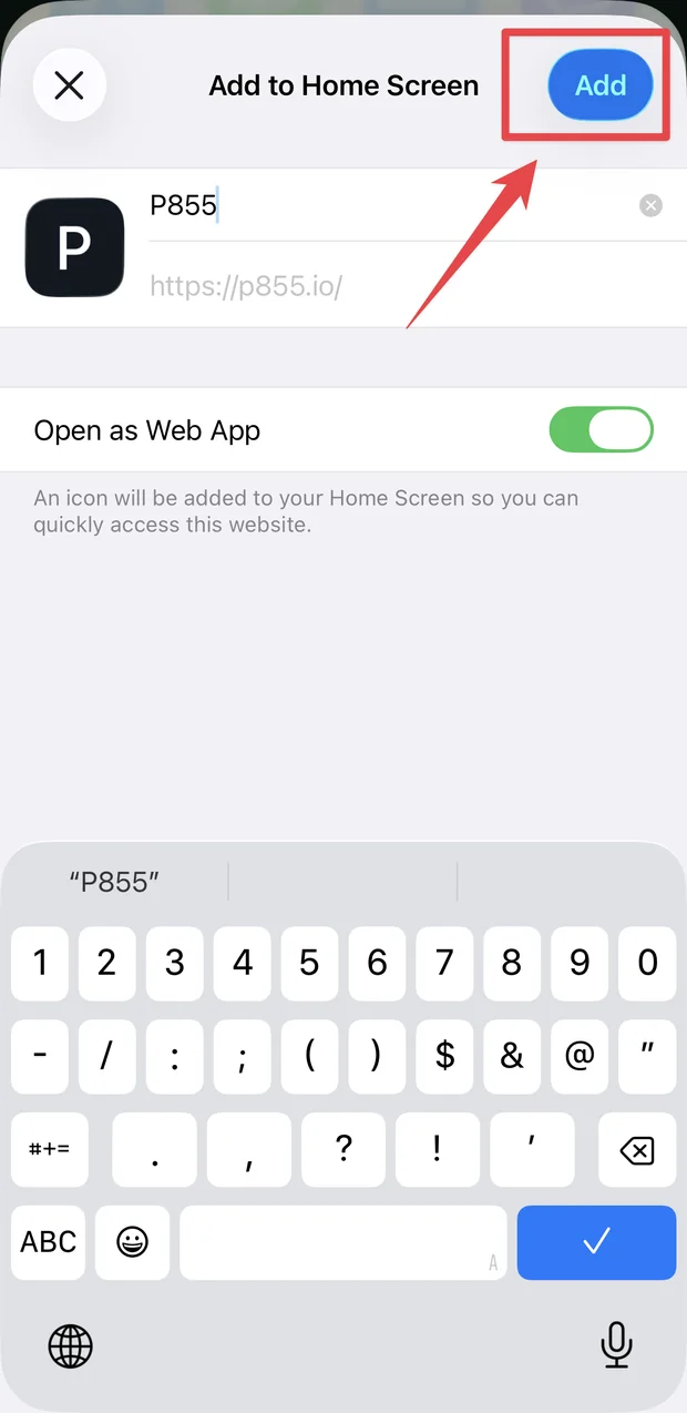 Add to Home Screen dialog showing the shortcut named P855 and the Add button